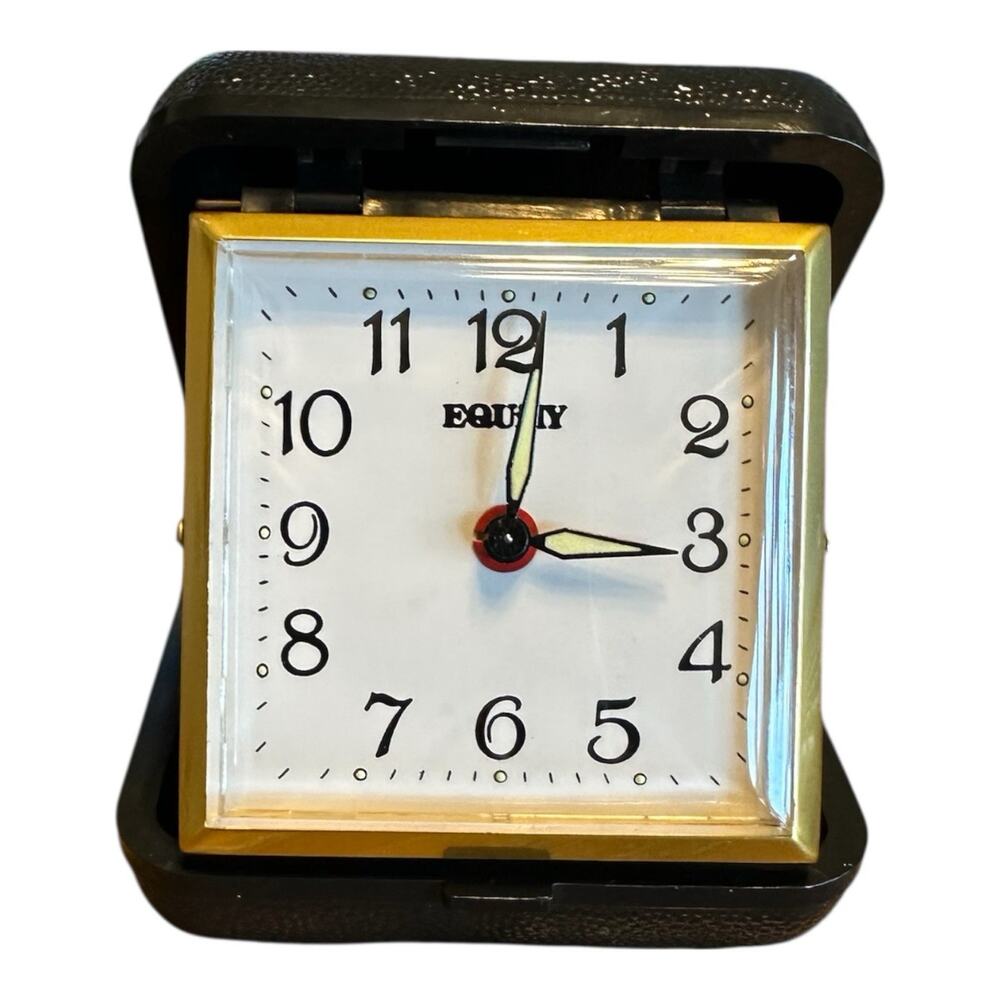 Vintage Equity Folding Travel Alarm Clock Wind Up Black Case Tested Works